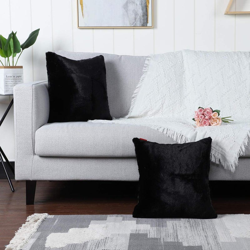MANDIOO Pack of 2 Black Faux Fur Fuzzy Cozy Soft Decorative Throw Pillow Covers Set Cushion Cases Pillowcases for Sofa Bedroom Car 18x18 Inches - Image 2